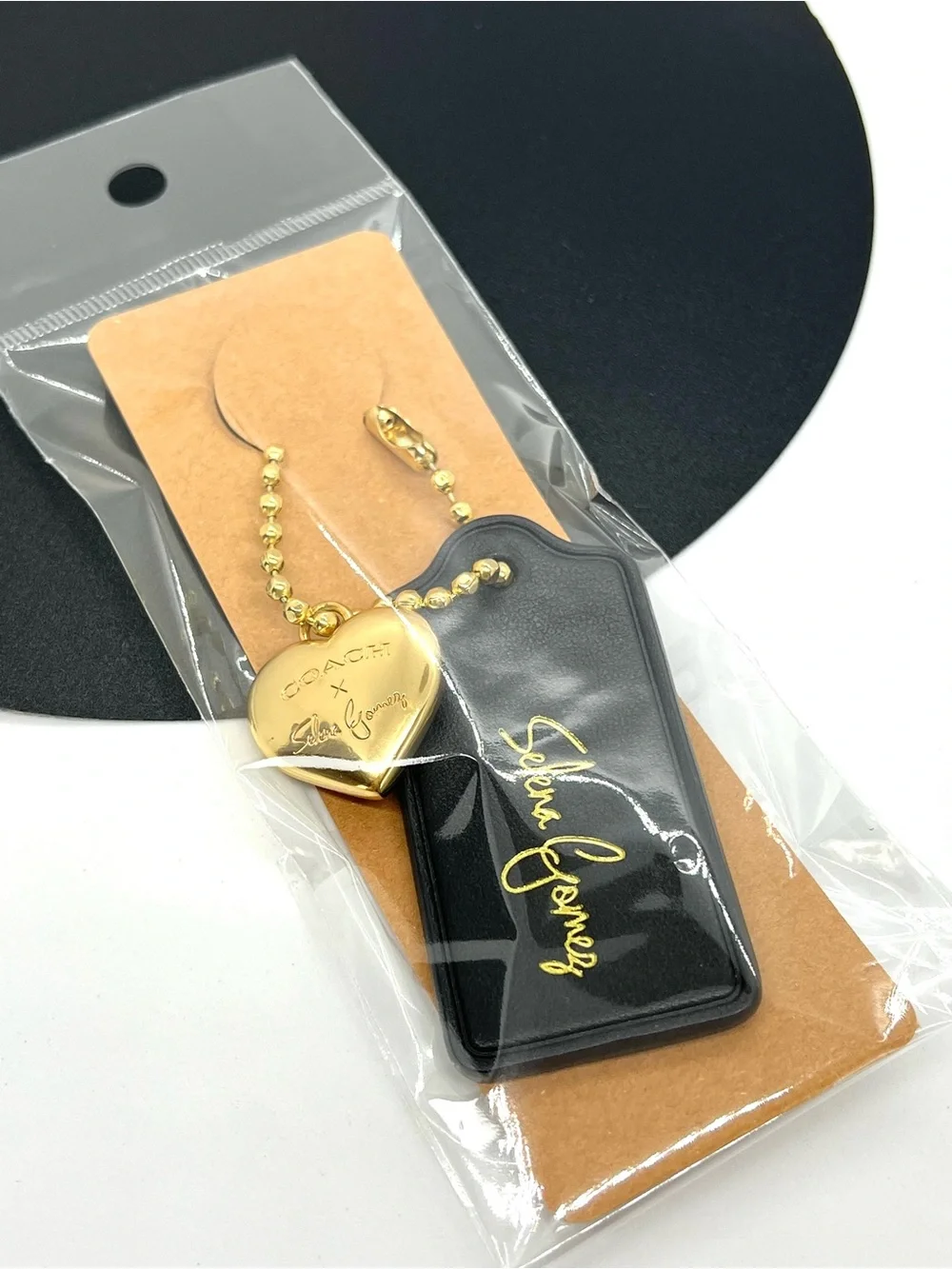 Coach x Selena Gomez Heart Bag Charm Black Leather Hangtag Limited Edition